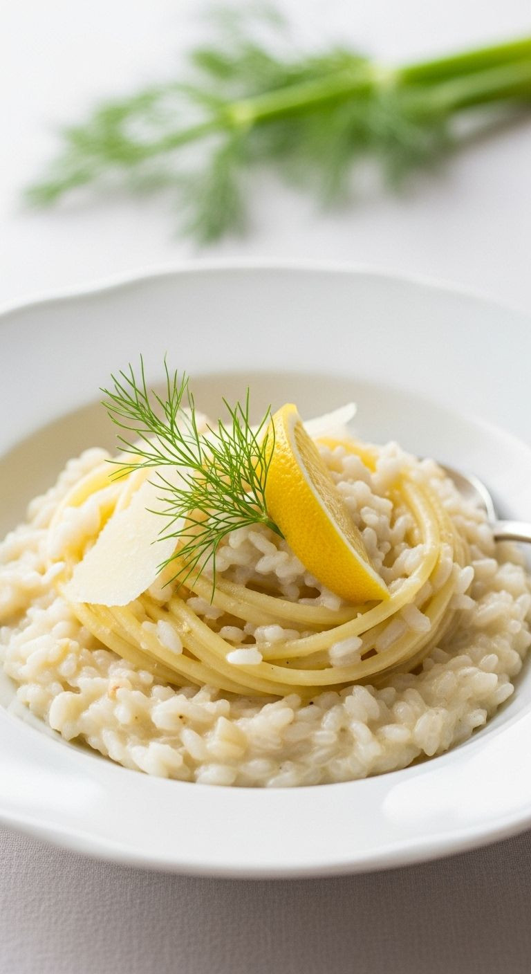 A Beautifully Plated Bowl Of Creamy Risotto Is Perfectly Swirled And Garnished With Delicate Green Fennel Fronds, Lemon Zest, And Parmesan Shavings.