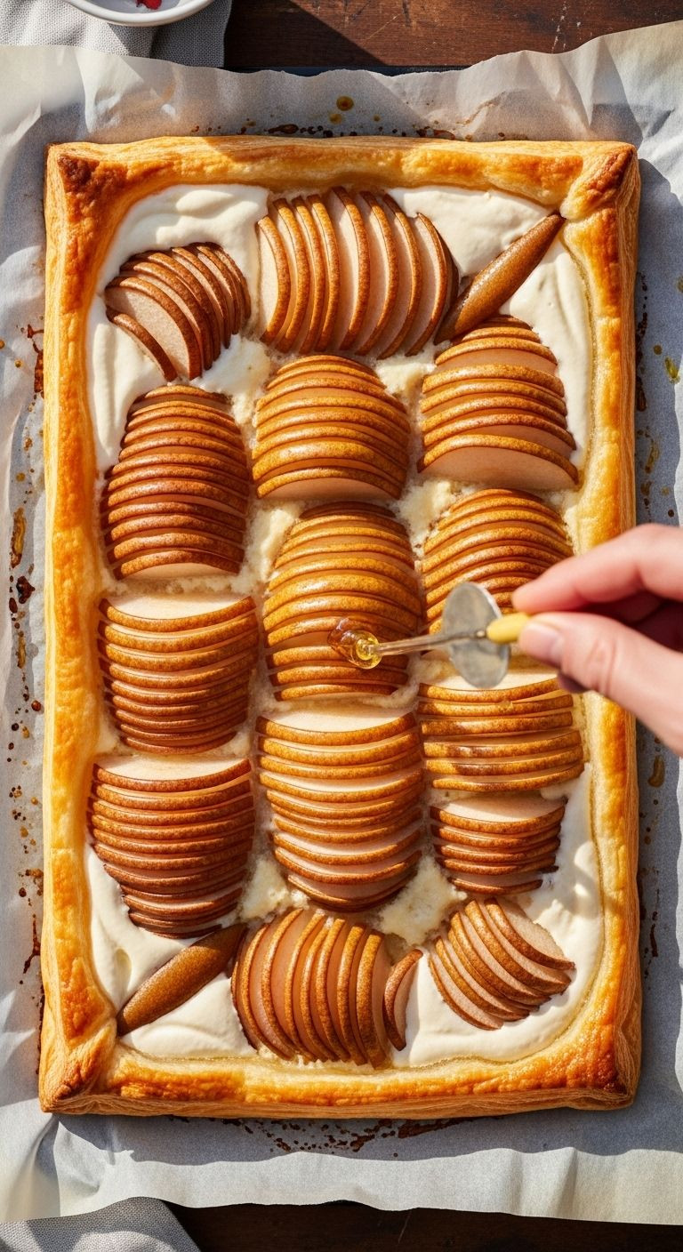 An Overhead Shot Of A Golden, Flaky Rectangular Hasselback Pear Tart With Fanned-Out Slices, Fresh From The Oven, Being Drizzled With Honey By A Hand.