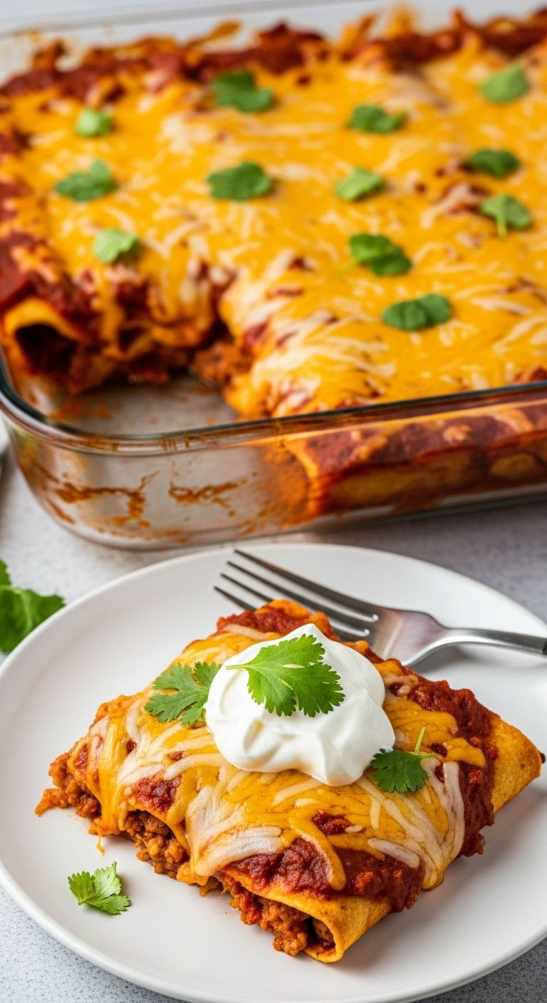 A Glass Baking Dish Of Cheesy Taquito Enchiladas With A Served Slice On A Plate In The Foreground, Garnished With Sour Cream And Fresh Cilantro.