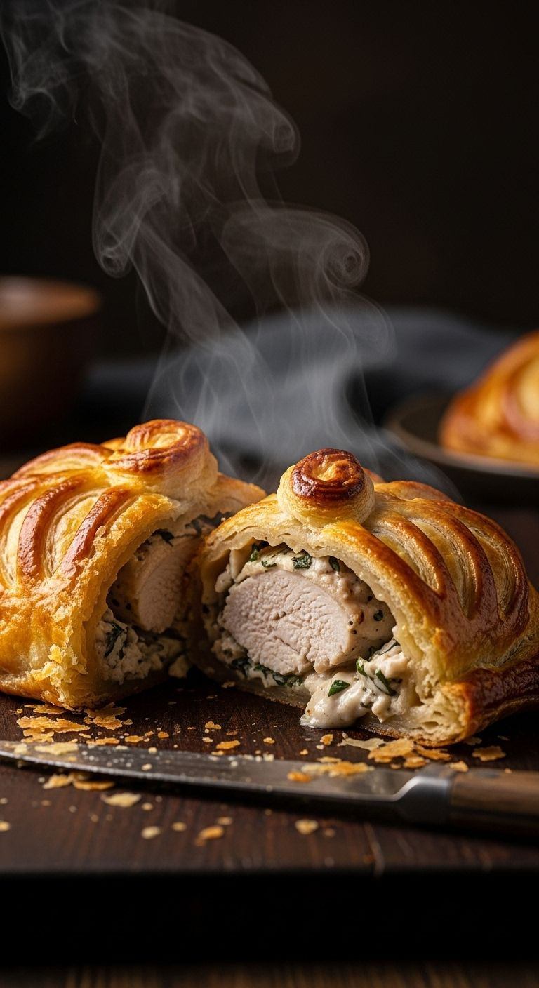 A Golden-Brown Chicken In Puff Pastry Parcel, Sliced Open To Reveal Juicy Chicken And Creamy Filling, Steams On A Dark Wooden Cutting Board With A Knife Nearby.