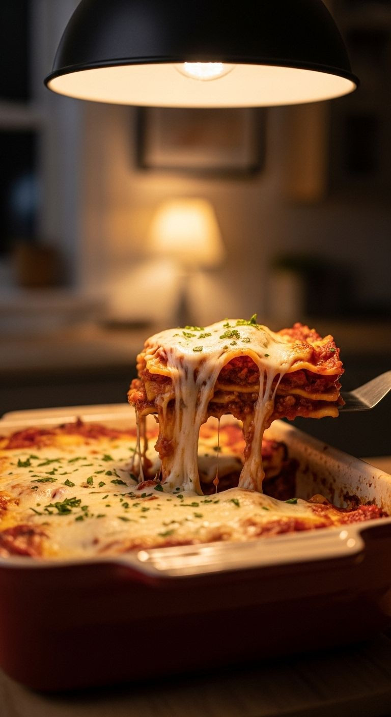 A Spatula Lifts A Corner Slice Of Lazy Ravioli Lasagna From A Rustic Baking Dish, Revealing Cheesy, Saucy Layers And A Satisfying Cheese Pull In A Cozy Kitchen Setting.