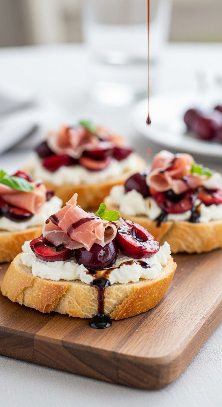 Three Perfect Cherry Bruschetta Pieces With Creamy Ricotta And Glistening Cherries, One In Sharp Focus With Balsamic Glaze, On A Rustic Wooden Board.