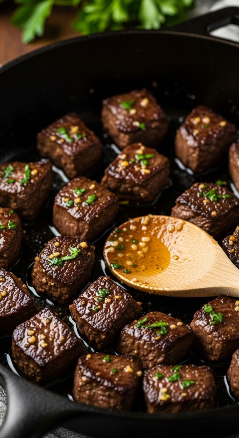 A Black Cast-Iron Skillet Holds Glistening, Perfectly Seared Garlic Butter Steak Bites, With A Wooden Spoon Coated In The Rich Sauce.