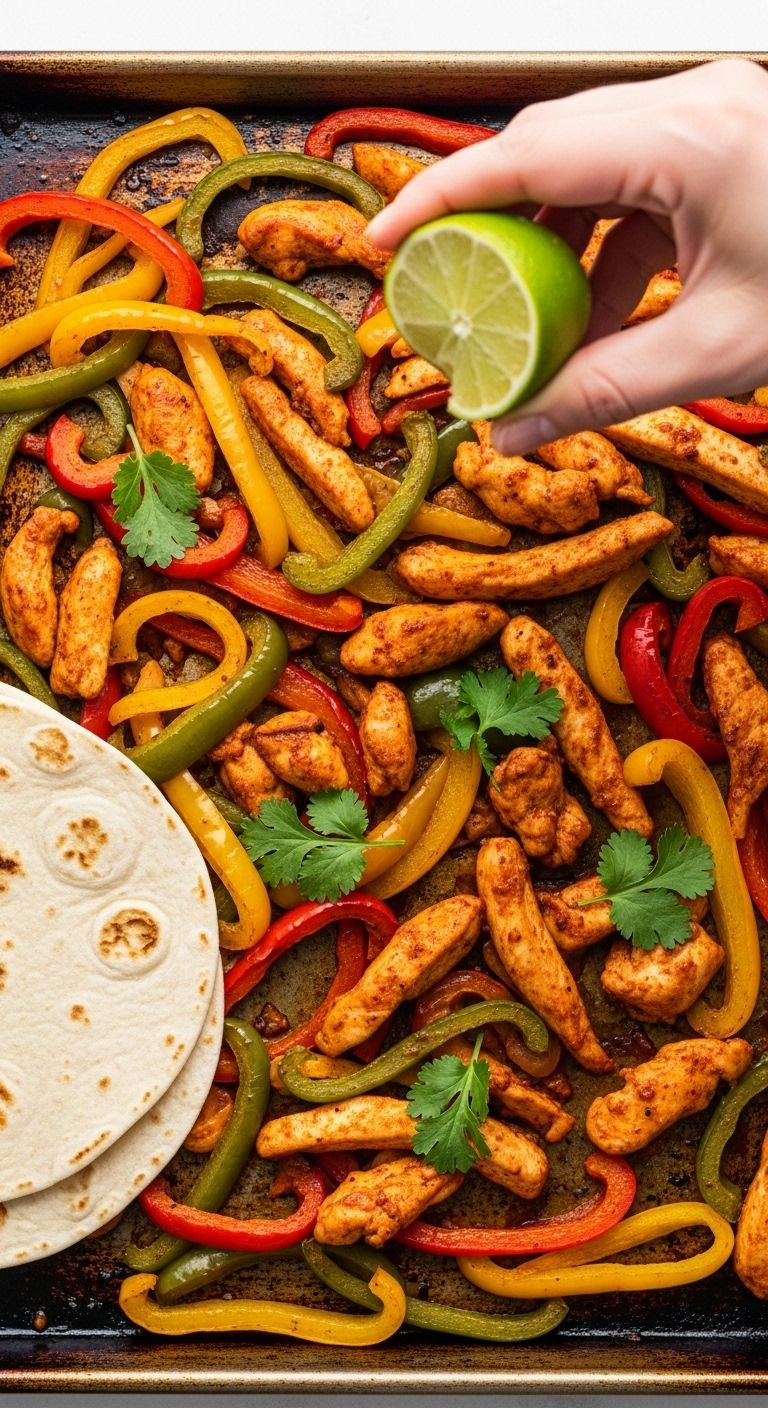 A Top-Down Shot Of A Sizzling Sheet Pan Of Chicken Fajitas, With A Hand Squeezing Lime Over The Colorful Chicken And Vegetables, And Tortillas On The Side.