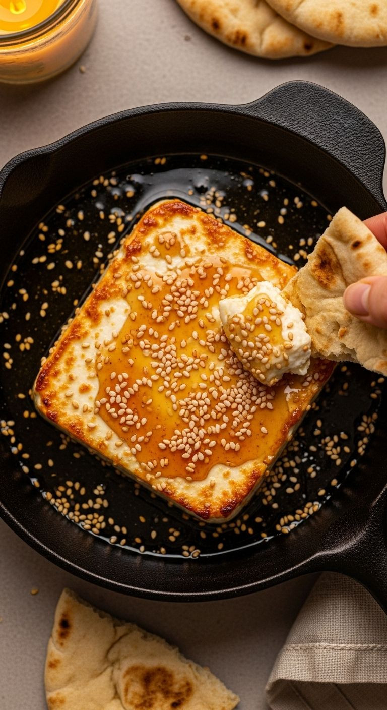 An Overhead Shot Captures Golden-Baked Feta In A Cast-Iron Skillet, Glistening With Honey And Sesame Seeds, As Pita Bread Dips Into The Soft Cheese.