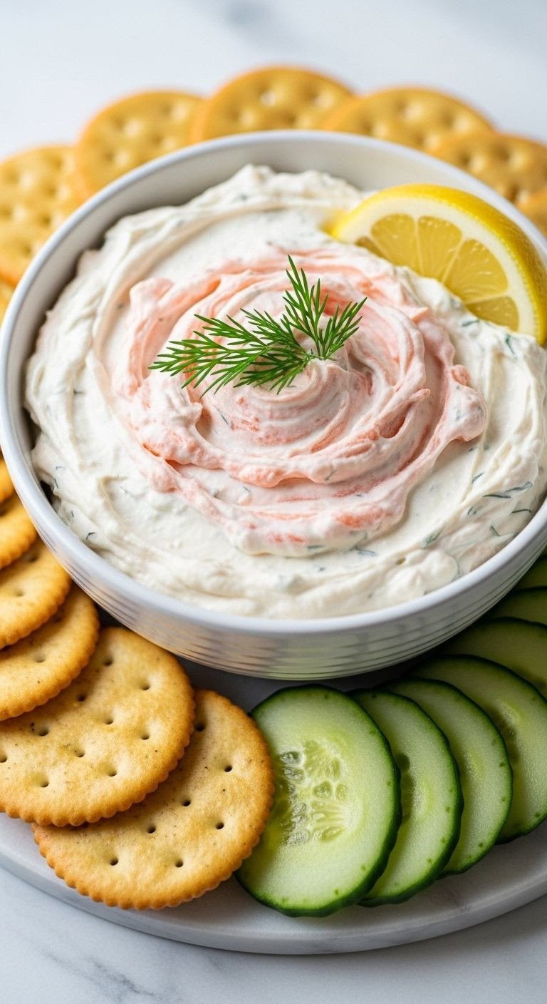A Stylish Ceramic Bowl Of Creamy Smoked Salmon Dip, Garnished With Dill And Lemon, Sits On Marble Next To Fanned Crackers And Cucumber.