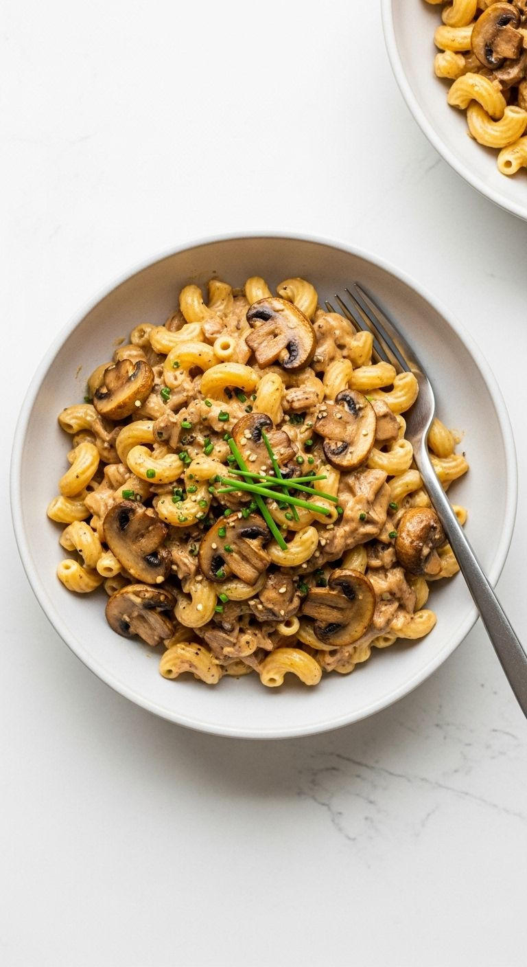 An Overhead Shot Of A Stylish, Shallow Bowl Filled With Creamy Miso Mushroom Cavatappi Pasta, Garnished With A Green Herb.