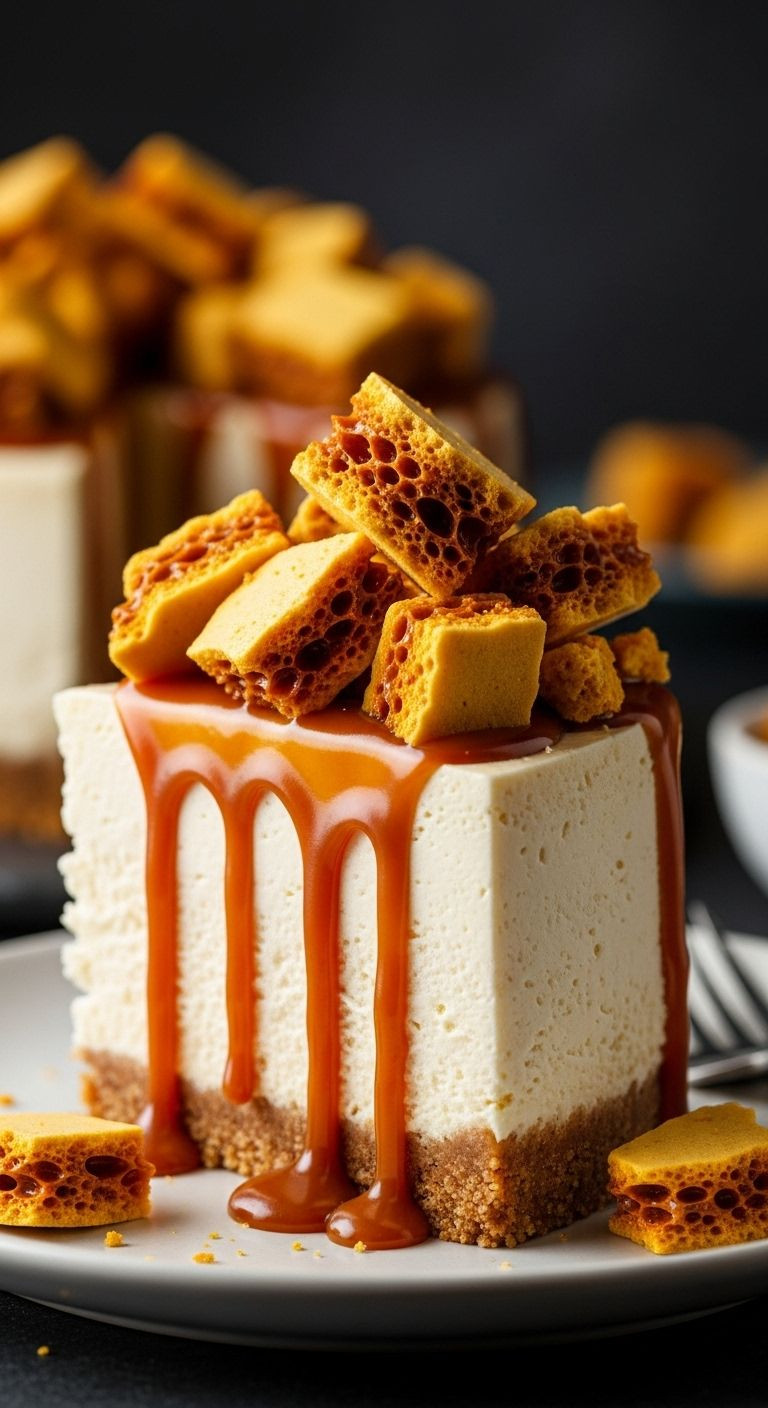 A Tall Slice Of No-Bake Salted Caramel Cheesecake On A Plate, With Thick Caramel Dripping Down And A Generous Pile Of Chunky Golden Honeycomb On Top.