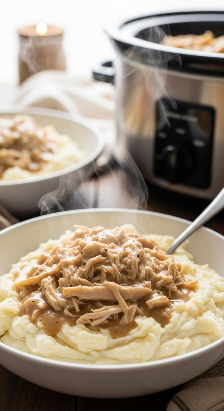 A Deep Bowl Holds Fluffy Mashed Potatoes Topped With Creamy Shredded Chicken And Gravy, With A Fork Resting Inside And Steam Gently Rising, Set Against A Blurred Slow Cooker Background.