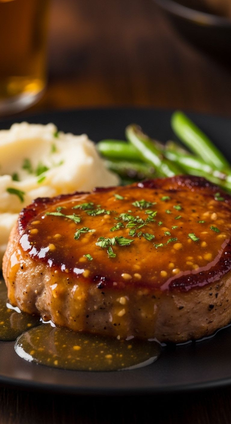 A Perfectly Cooked Honey Garlic Pork Chop, Glistening With Thick Sauce, Is Plated With Creamy Mashed Potatoes, Roasted Green Beans, And A Sprinkle Of Parsley.