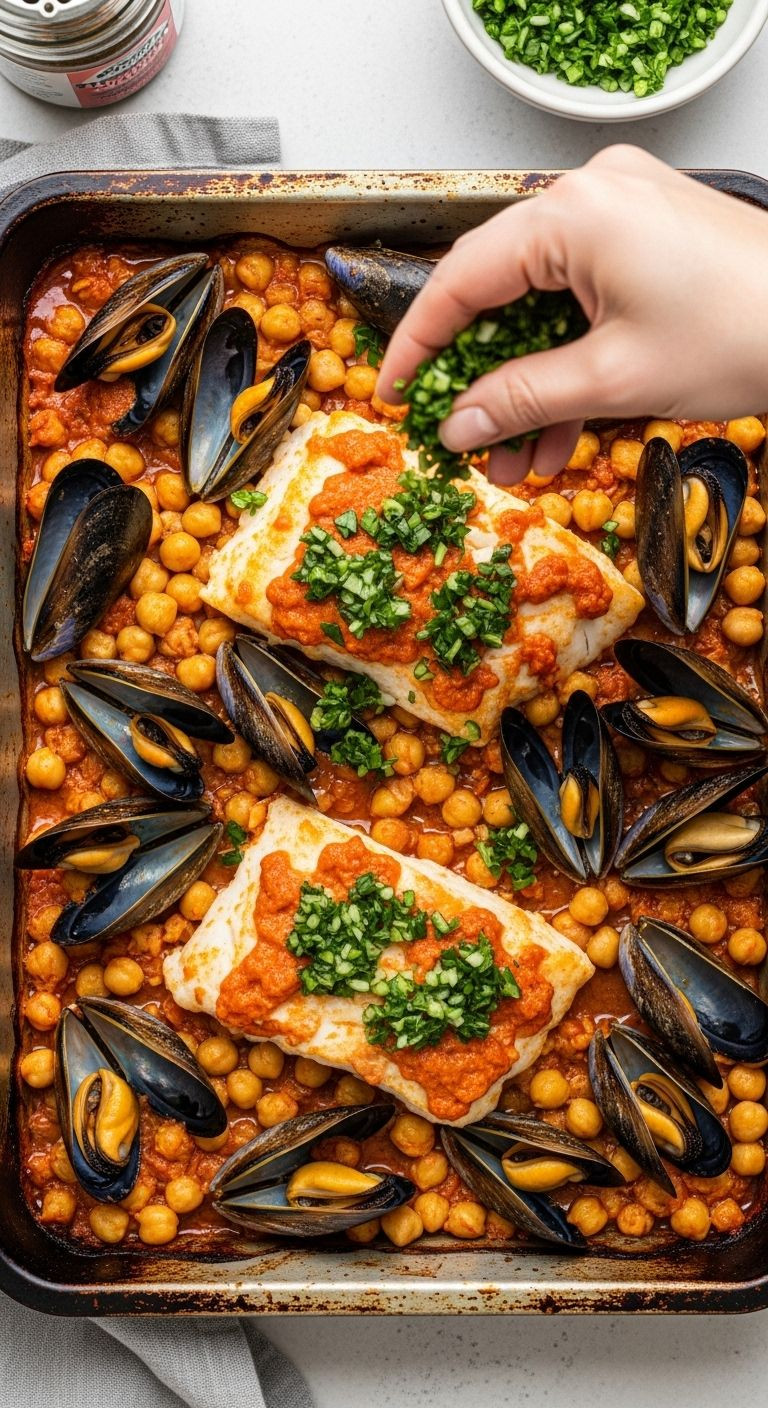 An Overhead Shot Of Flaky White Fish, Chickpeas, And Mussels Stained With Nduja In A Rustic Baking Pan, With A Hand Sprinkling Bright Green Gremolata Over The Top.