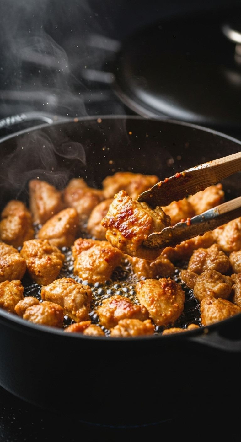 Sizzling Bite-Sized Chicken Pieces Browning In A Hot Dutch Oven, Turned With Wooden Tongs, For Fiery Chicken Ramen.
