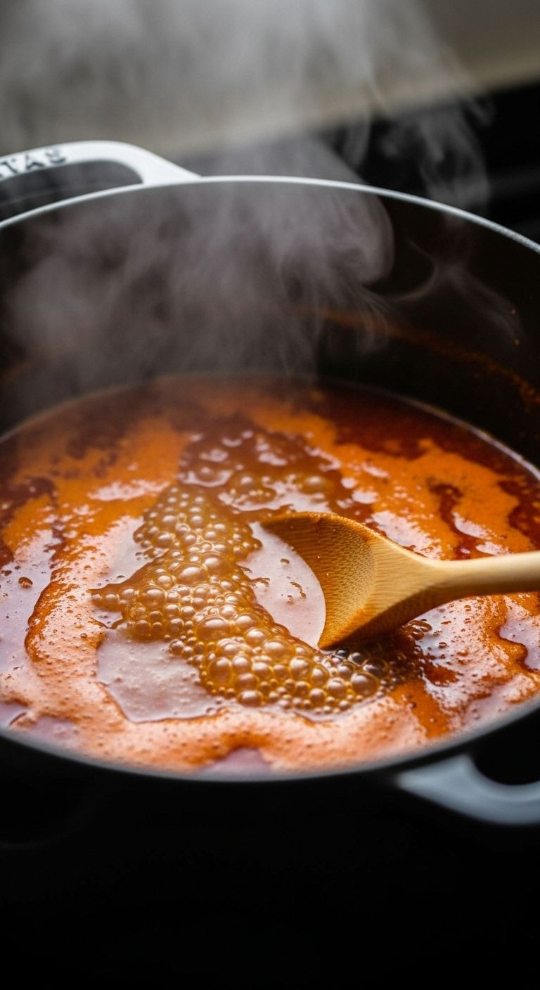 Close-Up Of Vibrant Red-Orange Broth Simmering In A Dutch Oven, With A Wooden Spoon Stirring, For Fiery Chicken Ramen.