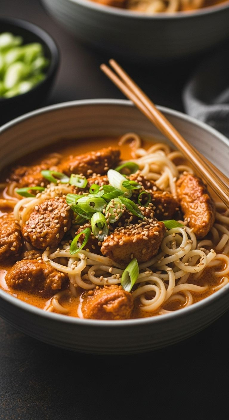 Hero Shot Of Fiery Chicken Ramen With Creamy Garlic Sauce In A Deep Bowl, Garnished With Green Onions And Sesame Seeds, With Chopsticks Resting On The Side.