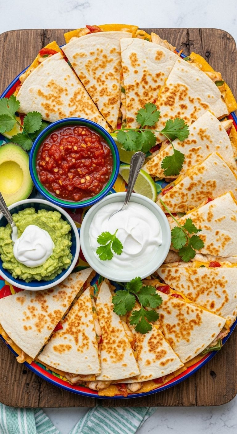 Plated Chicken Quesadillas With Salsa, Guacamole, And Sour Cream Overhead Shot