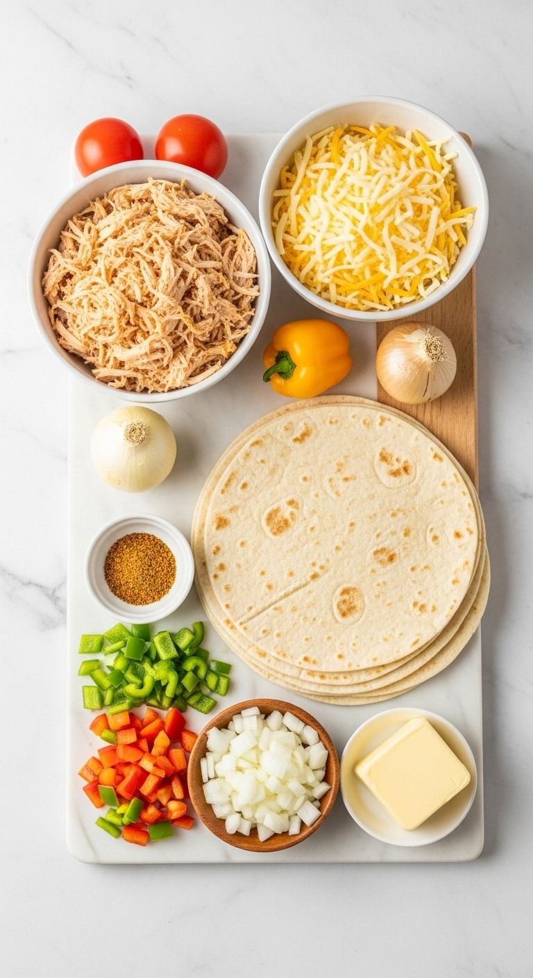 Chicken Quesadilla Ingredients Flat Lay On White Marble Background