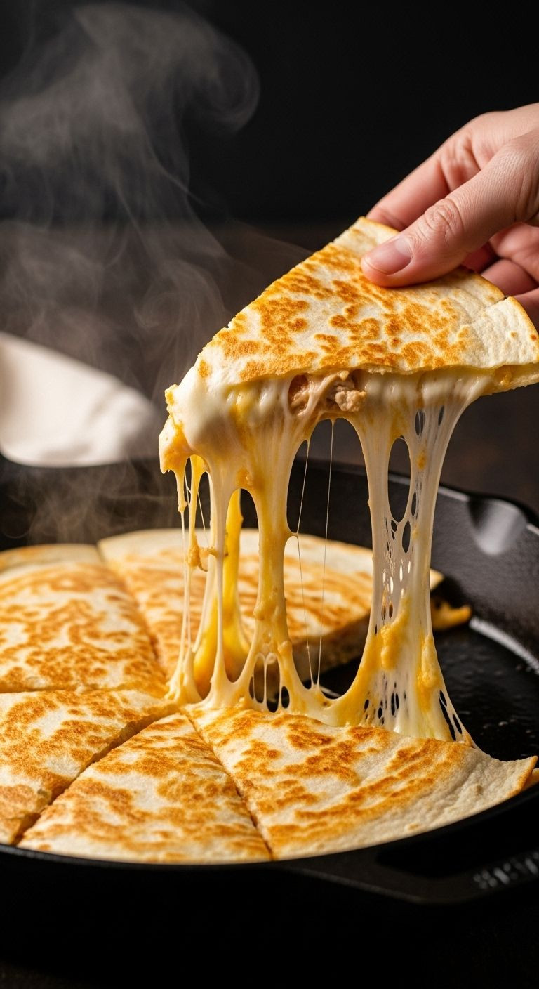 Cheese Pull From Crispy Chicken Quesadilla In Cast-Iron Skillet