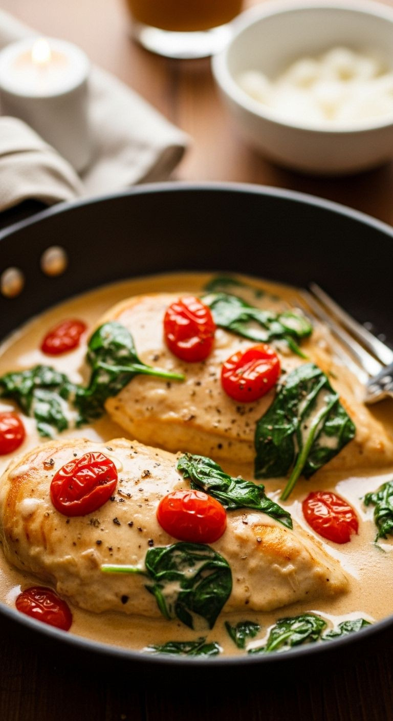 Two Chicken Breasts Are Smothered In A Luxurious Creamy Tuscan Sauce With Spinach And Cherry Tomatoes In A Skillet.