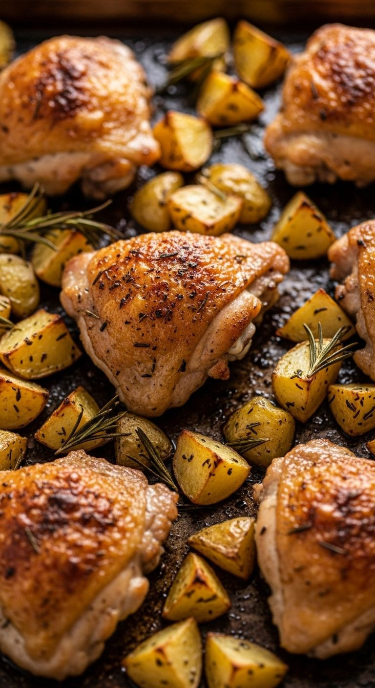 Golden, Crispy Chicken Thighs And Roasted Potatoes Are Showcased On A Sheet Pan, Fresh From The Oven.