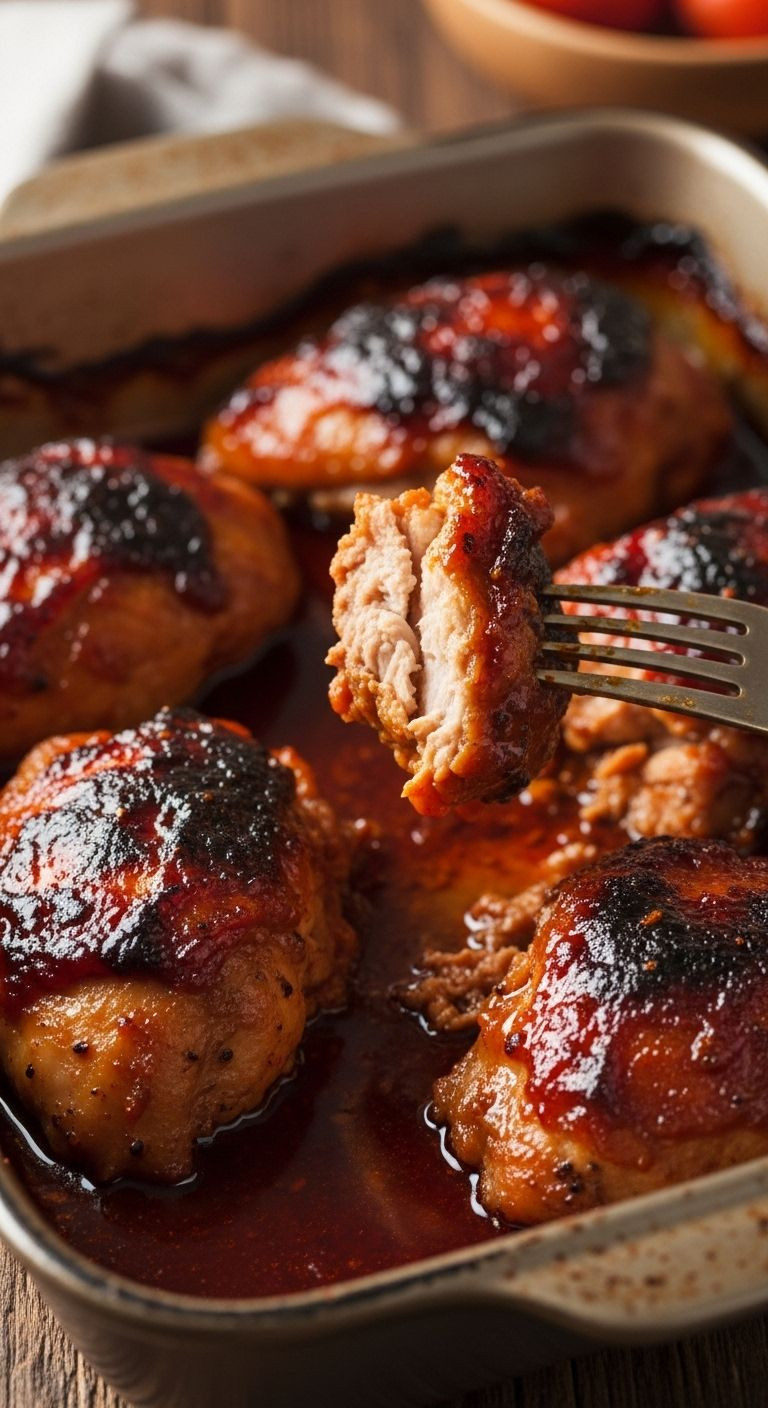 Juicy, Sticky Baked Bbq Chicken Pieces With Caramelized Sauce Are Featured In A Rustic Baking Dish, Just Out Of The Oven.