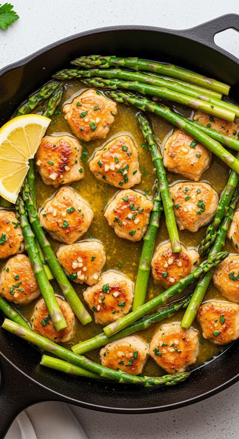 Glistening Garlic Butter Chicken Bites And Bright Green Asparagus Spears Are Featured In A Cast-Iron Skillet With A Lemon Wedge.