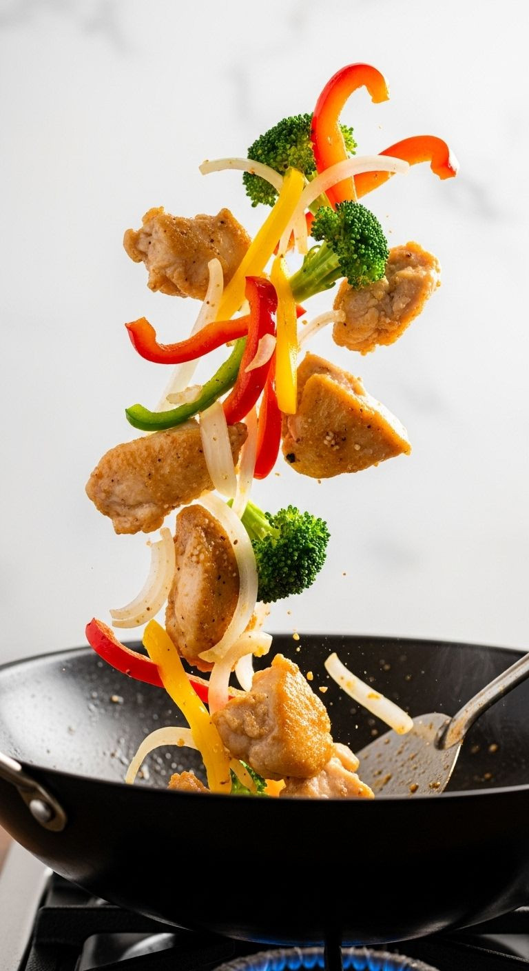 Vibrant Chicken And Colorful Vegetables Are Dynamically Tossed Mid-Air In A Wok, Showcasing Fresh Stir-Fry.