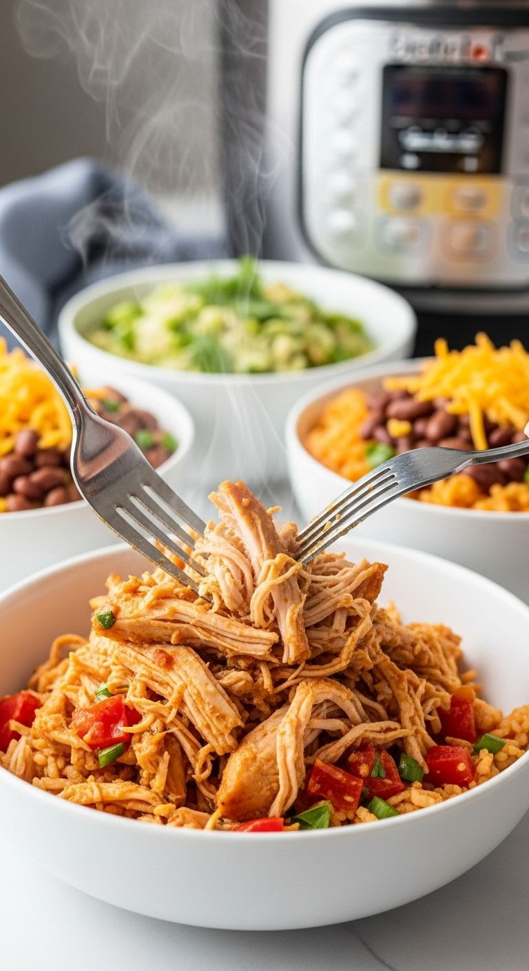 Forks Shred Tender Salsa Chicken In A White Bowl, With Blurred Burrito Bowl Toppings Visible In The Background.