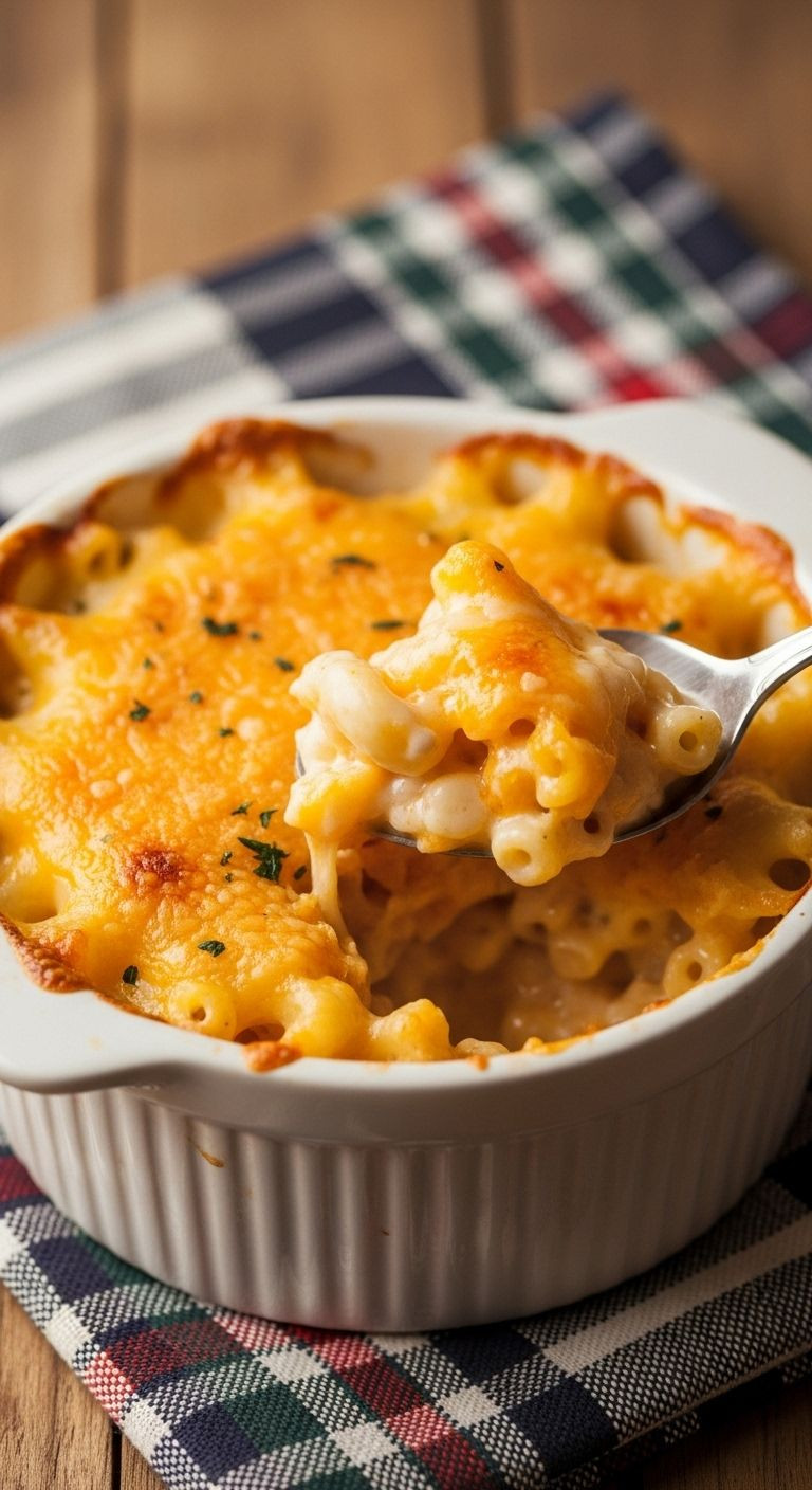 A Single-Serving Ramekin Of Baked Mac And Cheese, Golden And Bubbly, With A Scoop Revealing Its Creamy Interior.