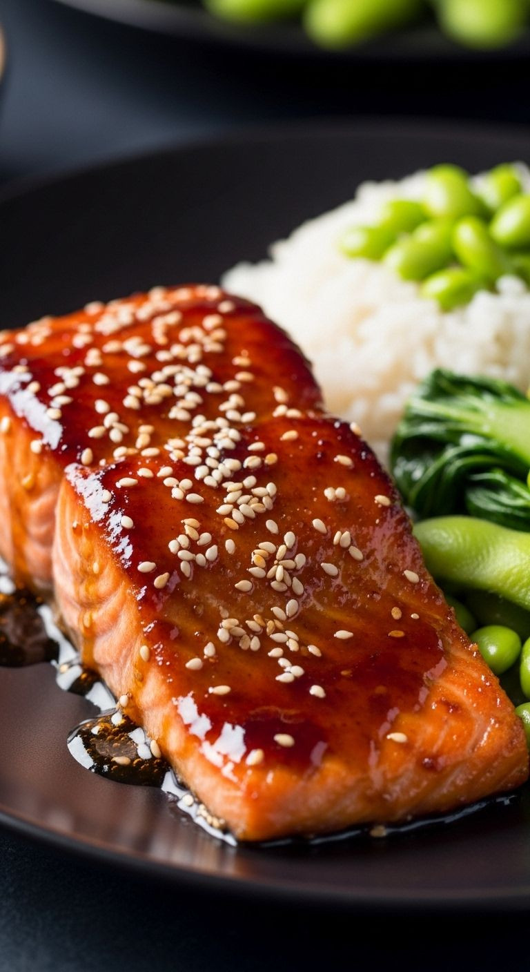 A Close-Up Of A Single Miso-Honey Glazed Salmon Fillet, Garnished With Sesame Seeds, Next To Rice And Edamame On A Dark Plate.