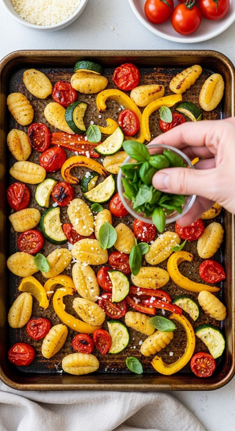 A Top-Down View Of A Small Sheet Pan Filled With Roasted Gnocchi And Colorful Vegetables, Being Sprinkled With Fresh Basil.