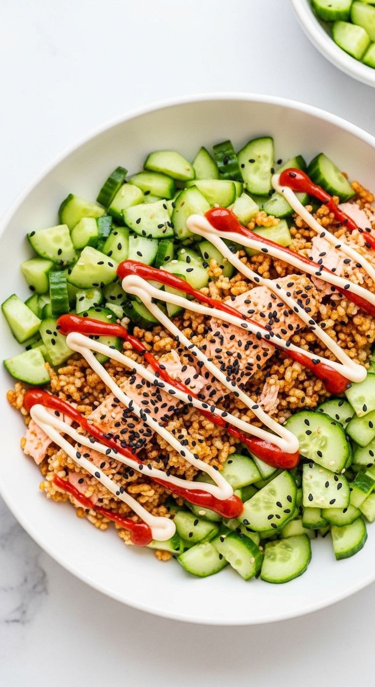 A Modern White Bowl Holds Crispy Rice Salmon Cucumber Salad Drizzled With Sriracha Mayo And Topped With Black Sesame Seeds.