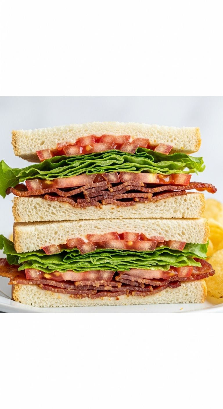 A Perfectly Constructed Blt Sandwich, Sliced Diagonally To Reveal Colorful Layers, Rests On A Plate With Potato Chips.