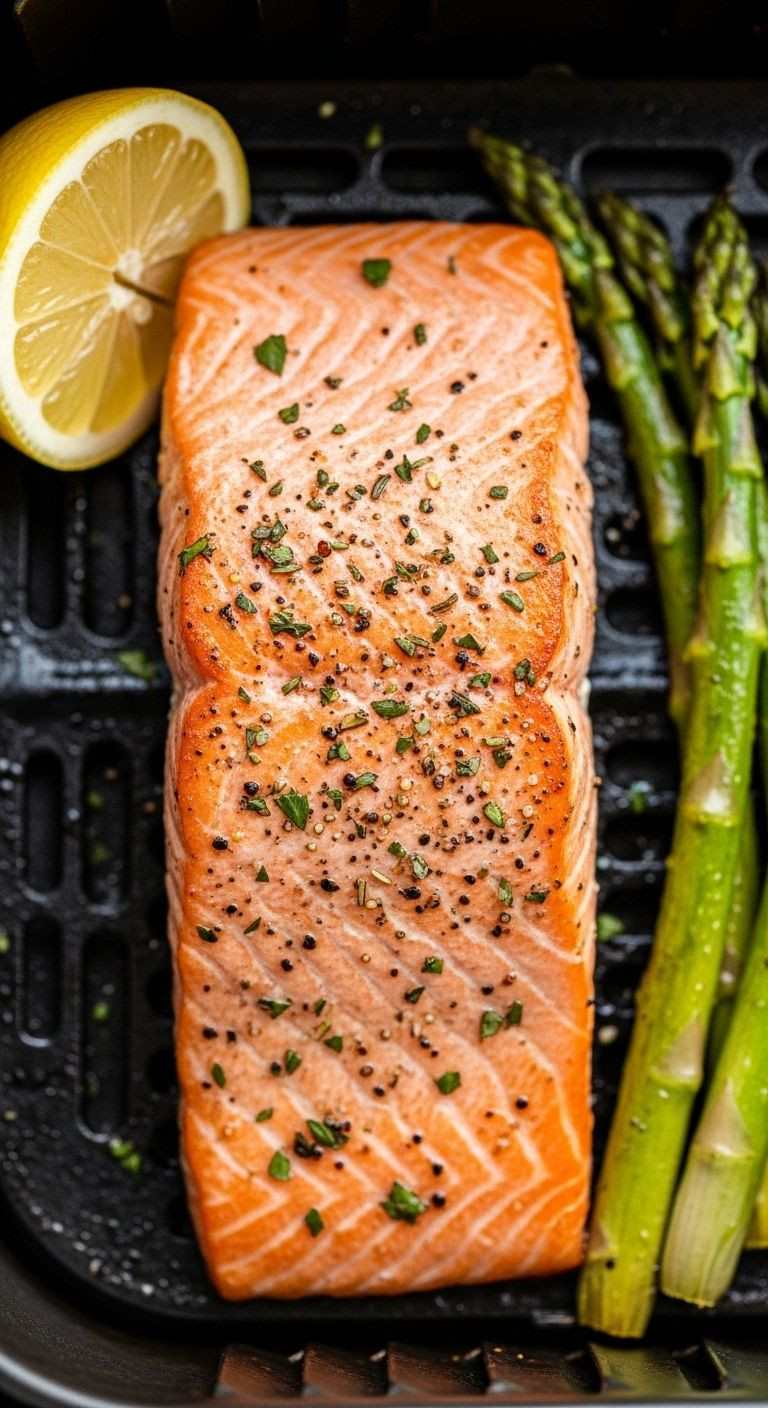 A Perfectly Cooked Salmon Fillet With Asparagus And A Lemon Wedge Is Shown In An Air Fryer Basket.