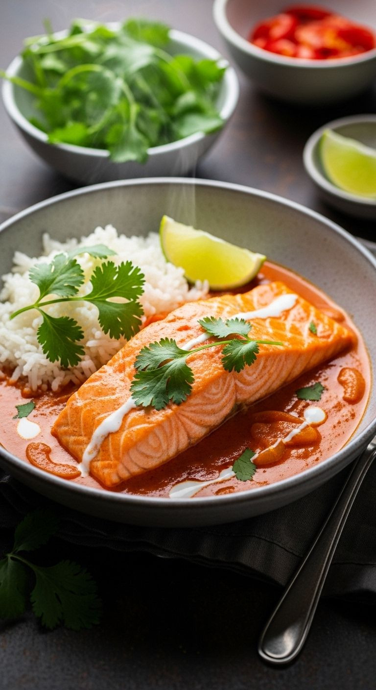 A Perfectly Poached Salmon Fillet Swims In Vibrant Red Curry Sauce, Garnished With Cilantro And Lime, Served With Jasmine Rice.
