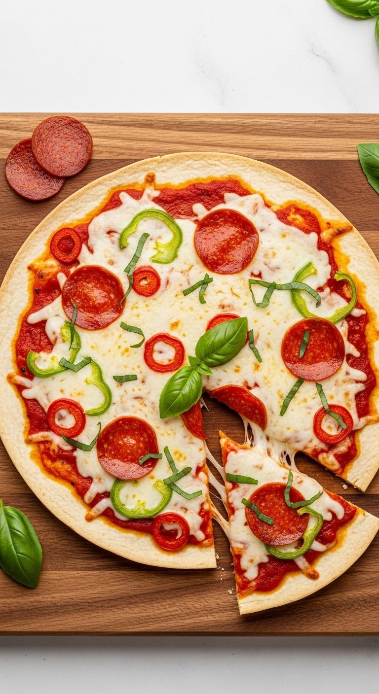 A Top-Down View Of A Single, Perfectly Round Tortilla Pizza On A Wooden Cutting Board With A Cheese Pull.