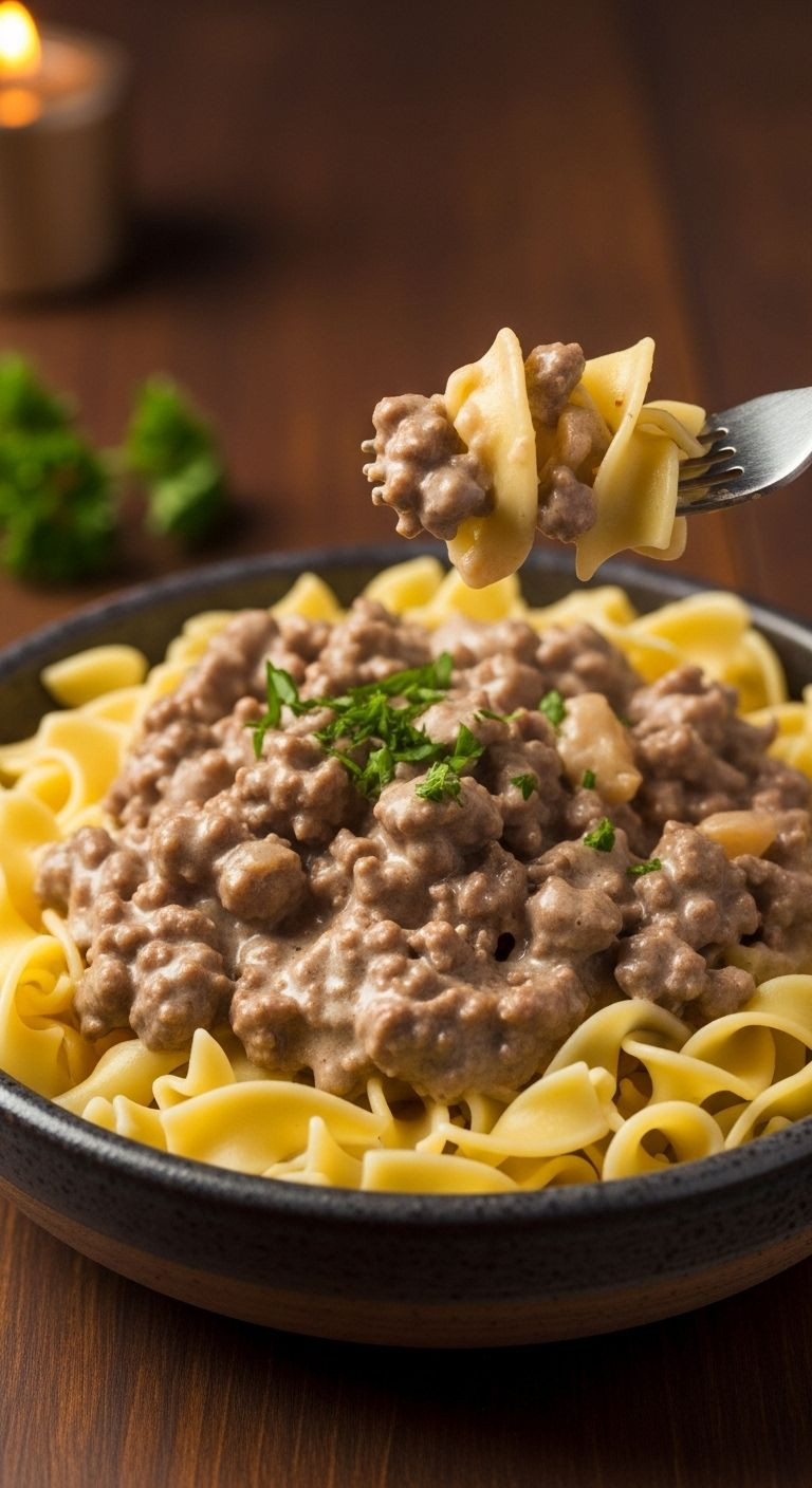 Creamy Ground Beef Stroganoff With Egg Noodles And Fresh Parsley Is Served In A Rustic Bowl On A Dark Wood Table.