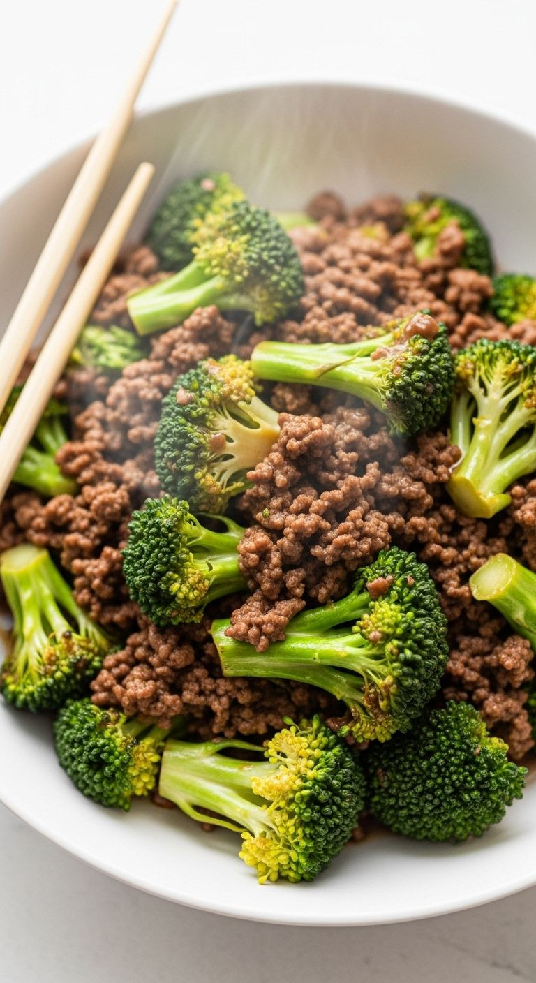Vibrant Ground Beef And Broccoli Stir-Fry In A White Bowl With Chopsticks, Perfect For A Quick Weeknight Dinner.