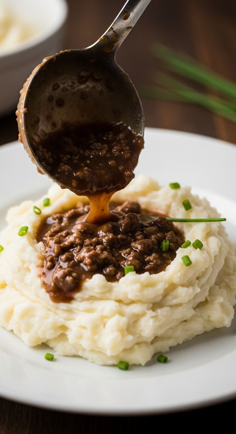Rich Ground Beef And Gravy Are Generously Ladled Over Fluffy Mashed Potatoes On A White Plate.