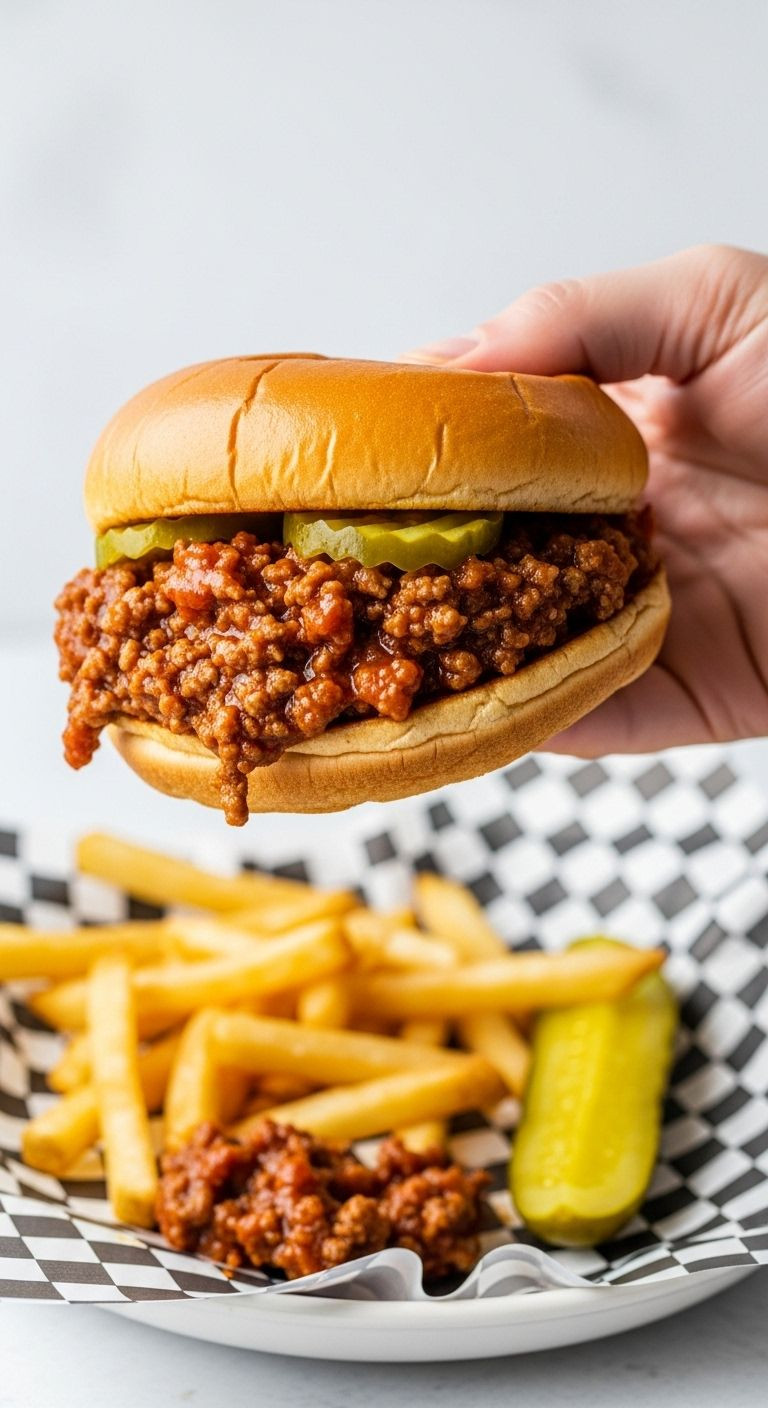 A Hand Holds A Classic, Saucy Sloppy Joe Sandwich With Crispy French Fries And A Pickle In The Background.