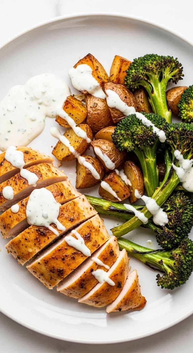 A Sliced Ranch Chicken Breast Is Fanned Out On A Plate With Roasted Potatoes And Broccoli, Drizzled With Creamy Ranch Dressing.