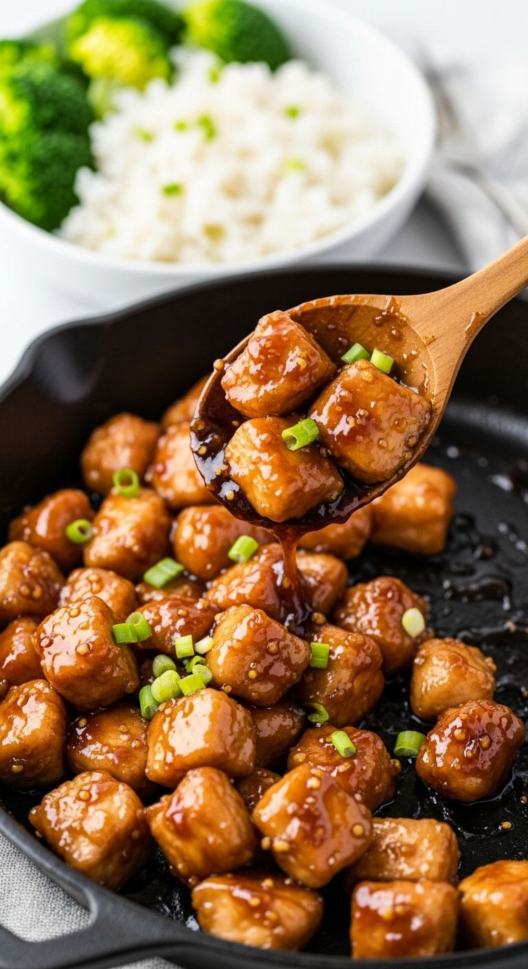 Glossy Honey Garlic Chicken Is Tossed In A Cast-Iron Skillet, With A Serving In A White Bowl With Rice And Broccoli In The Background.
