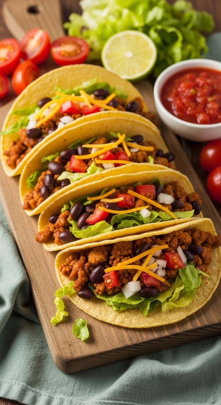 Three Colorful Ground Chicken Tacos Are Perfectly Arranged On A Rustic Wooden Board With Salsa And A Lime Wedge.