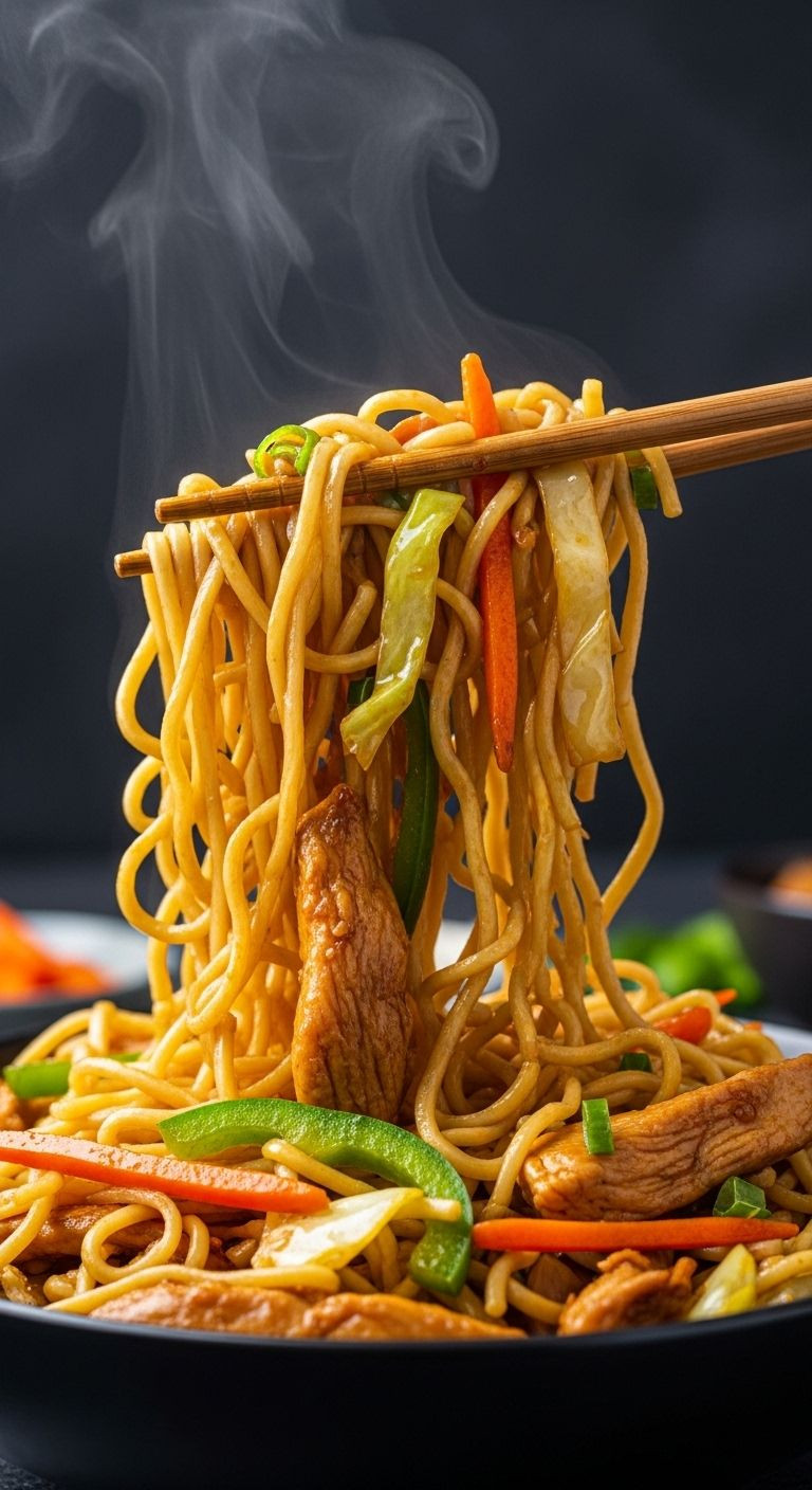 Chopsticks Lift Glossy Chicken Lo Mein With Noodles And Vibrant Vegetables From A Dark Bowl, Showing Texture And Steam.