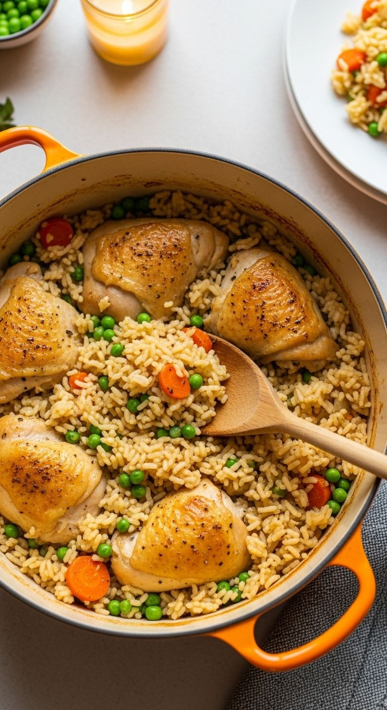 A Cozy, Top-Down View Of Fluffy Chicken And Rice In A Colorful Dutch Oven, With A Wooden Spoon Ready To Serve.
