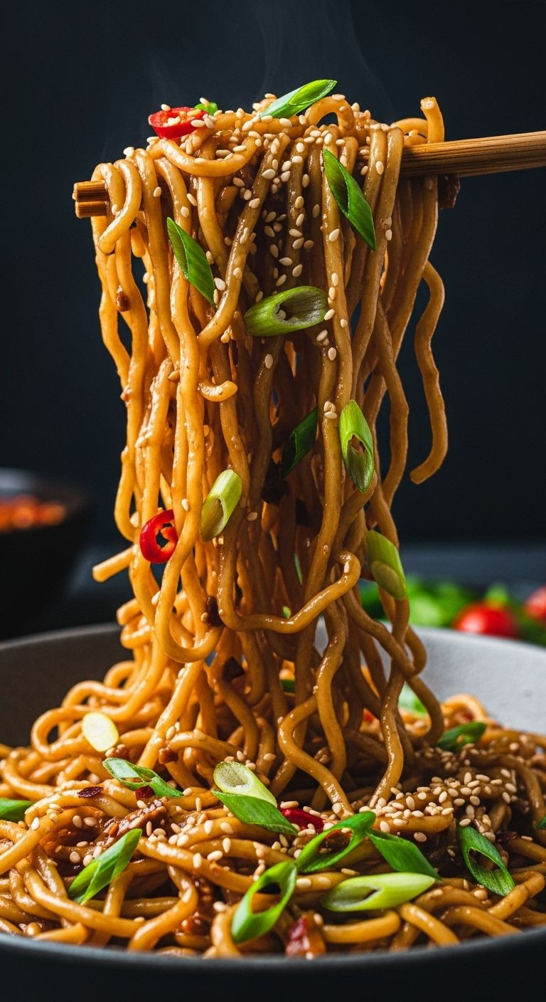 Chopsticks Lift Saucy, Glistening Noodles Topped With Green Onions And Sesame Seeds From A Deep Bowl.