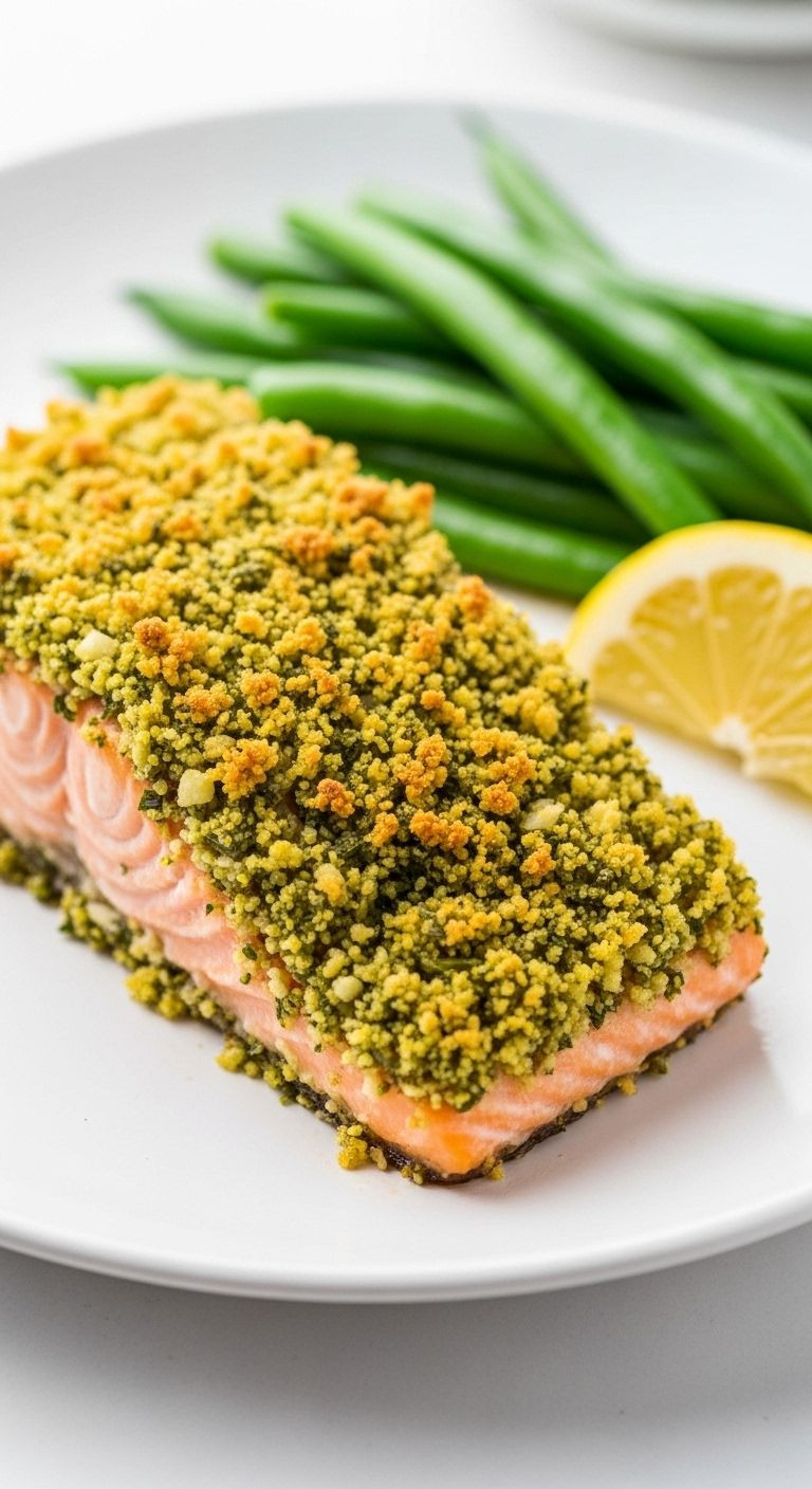 A Single Serving Of Herb-Crusted Salmon With Green Beans And A Lemon Wedge Is Presented On A White Plate.