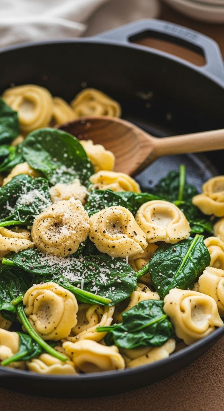 A Close-Up Of Plump Tortellini With Wilted Spinach And Parmesan Cheese In A Cast-Iron Skillet.