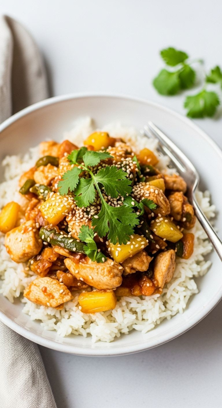 Bowl Of Pineapple Hawaiian Chicken Over White Rice Garnished With Cilantro And Sesame Seedsbowl Of Pineapple Hawaiian Chicken Served Over Rice, Garnished With Cilantro And Sesame Seeds In A Bright, Natural Light Setting.