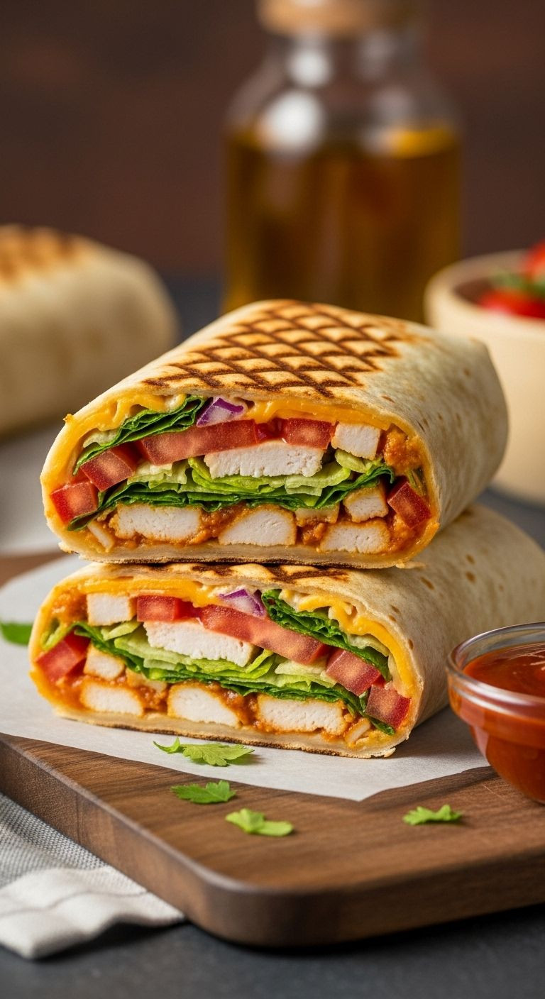 Grilled Chipotle Ranch Chicken Burrito Sliced To Show Colorful Filling Layers On A Rustic Board With Dipping Sauce.