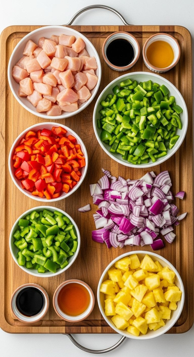 Overhead Shot Of Colorful Fresh Ingredients For Pineapple Hawaiian Chicken Sheet Pan Recipe
